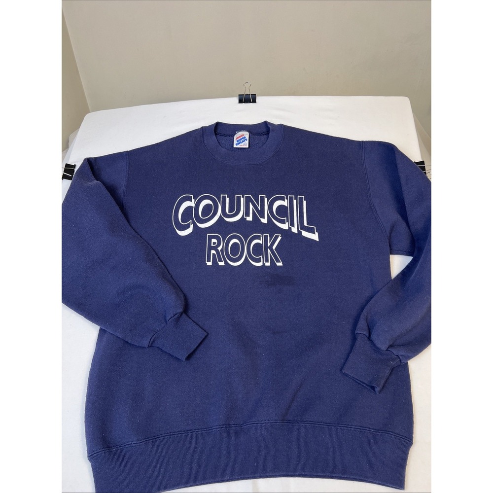 Vintage Jerzees Super Sweats Council Rock Sweatshirt Navy Blue Mens Large USA
